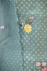 Sky Blue Organza Silk Three Piece Suit Set with Floral Embroidery