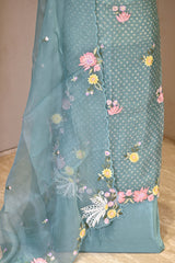 Sky Blue Organza Silk Three Piece Suit Set with Floral Embroidery