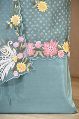 Sky Blue Organza Silk Three Piece Suit Set with Floral Embroidery