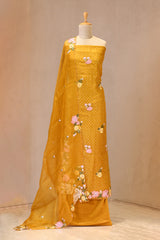 Yellow Organza Silk Suit Set with Floral Embroidery