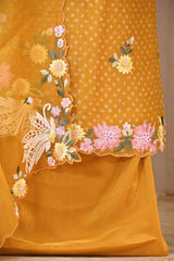 Yellow Organza Silk Suit Set with Floral Embroidery