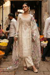 Women in Beige Tissue Silk Unstitched Suit Set with Gota Patti Neckline
