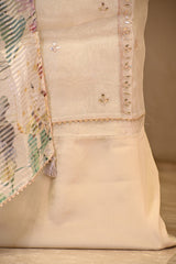 Beige Tissue Silk Unstitched Suit Set with Gota Patti Neckline