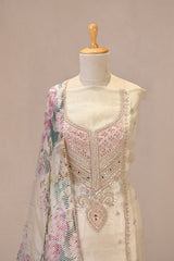 Beige Tissue Silk Unstitched Suit Set with Gota Patti Neckline
