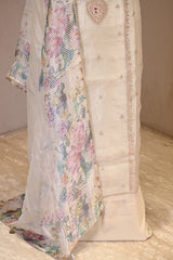 Beige Tissue Silk Unstitched Suit Set with Gota Patti Neckline