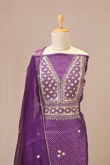 Deep Purple Organza Silk Unstitched Suit Set with Bandhani Print