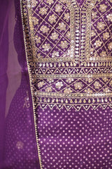 Deep Purple Organza Silk Unstitched Suit Set with Bandhani Print