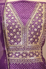 Deep Purple Organza Silk Unstitched Suit Set with Bandhani Print
