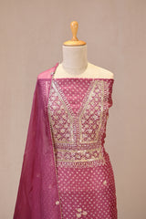 Onion Pink Organza Silk Unstitched Suit Set with Bandhani Print