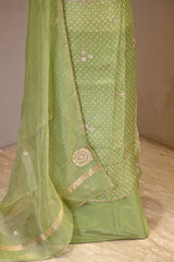 Light Green Organza Silk Unstitched Suit Set with Bandhani Print