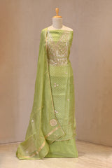 Light Green Organza Silk Unstitched Suit Set with Bandhani Print