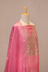 Pink Organza Silk Unstitched Suit Set with Bandhani Print