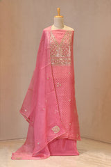 Pink Organza Silk Unstitched Suit Set with Bandhani Print