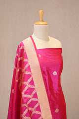 Bright Pink Katan Silk Unstitched Suit Set with Gold Zari Floral