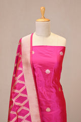 Bright Pink Katan Silk Unstitched Suit Set with Gold Zari Floral