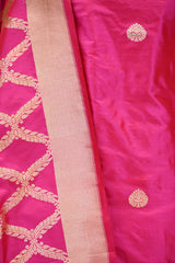 Bright Pink Katan Silk Unstitched Suit Set with Gold Zari Floral