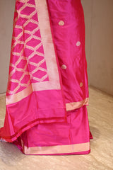 Bright Pink Katan Silk Unstitched Suit Set with Gold Zari Floral