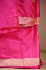 Bright Pink Katan Silk Unstitched Suit Set with Gold Zari Floral