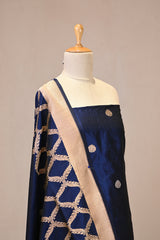 Navy Blue Katan Silk Two Piece Suit Set with Gold Zari Floral