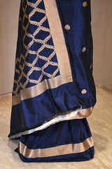 Navy Blue Katan Silk Two Piece Suit Set with Gold Zari Floral
