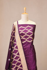 Deep Wine Katan Silk Unstitched Suit Set with Gold Zari Floral