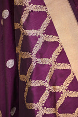 Deep Wine Katan Silk Unstitched Suit Set with Gold Zari Floral