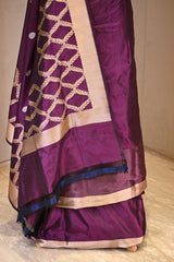 Deep Wine Katan Silk Unstitched Suit Set with Gold Zari Floral