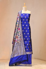 Royal Blue Katan Silk Three Piece Suit Set with Water Gold Zari