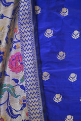 Royal Blue Katan Silk Unstitched Suit Set with Water Gold Zari