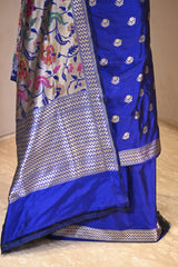 Royal Blue Katan Silk Unstitched Suit Set with Water Gold Zari