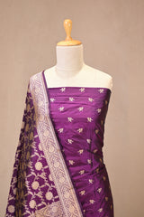 Wine Katan Silk Unstitched Suit Set with Gold Zari Floral Buti