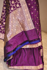 Wine Katan Silk Unstitched Suit Set with Gold Zari Floral Buti