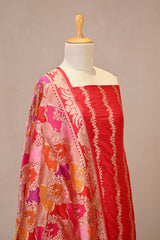 Red Katan Silk Unstitched Suit Set with Rangkat Dupatta