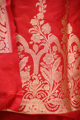 Red Katan Silk Unstitched Suit Set with Rangkat Dupatta