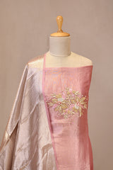 Pink Embellished Tissue Silk Unstitched Suit Set with Brocade Dupatta