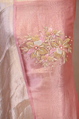 Pink Embellished Tissue Silk Unstitched Suit Set with Brocade Dupatta