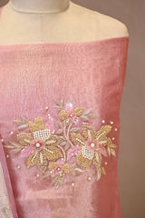 Pink Embellished Tissue Silk Unstitched Suit Set with Brocade Dupatta