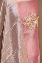 Pink Embellished Tissue Silk Unstitched Suit Set with Brocade Dupatta