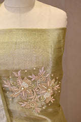 Green Embellished Tissue Silk Unstitched Suit Set with Brocade Dupatta