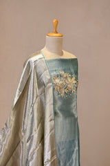 Sky Blue Embellished Tissue Silk Unstitched Suit Set with Brocade Dupatta