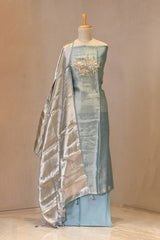Sky Blue Embellished Tissue Silk Unstitched Suit Set with Brocade Dupatta 