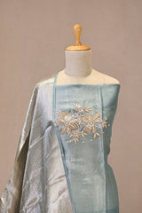 Sky Blue Embellished Tissue Silk Unstitched Suit Set with Brocade Dupatta