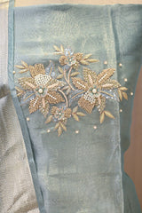 Sky Blue Embellished Tissue Silk Unstitched Suit Set with Brocade Dupatta