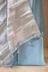 Sky Blue Embellished Tissue Silk Unstitched Suit Set with Brocade Dupatta