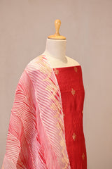 Red Banarasi Silk Unstitched Suit Set with Shibori Organza Dupatta