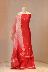 Red Banarasi Silk Unstitched Suit Set with Shibori Organza Dupatta