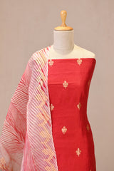Red Banarasi Silk Unstitched Suit Set with Shibori Organza Dupatta