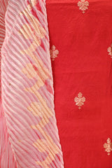 Red Banarasi Silk Unstitched Suit Set with Shibori Organza Dupatta
