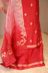 Red Banarasi Silk Unstitched Suit Set with Shibori Organza Dupatta