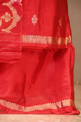 Red Banarasi Silk Unstitched Suit Set with Shibori Organza Dupatta